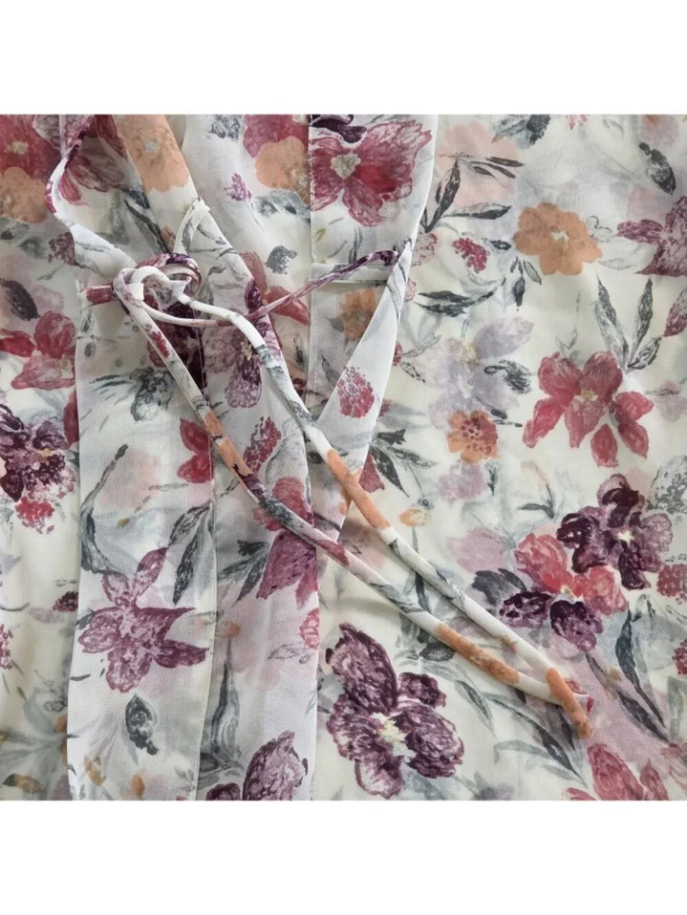 Vtg La Senza Short Kimono Robe S/M Sheer Chiffon Floral Watercolor Belt Coquette